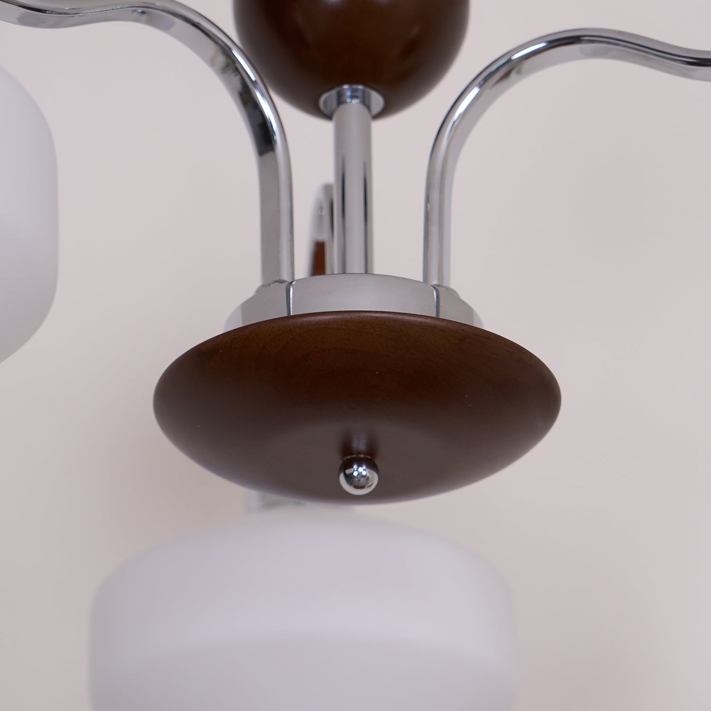 Béatrice Retro Chandelier, Glass Shades with Wood and Metal Frame
