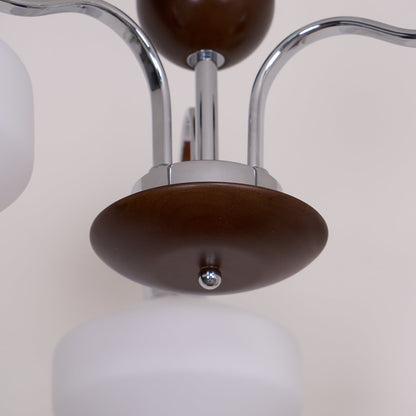 Béatrice Retro Chandelier, Glass Shades with Wood and Metal Frame
