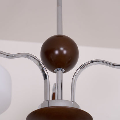 Béatrice Retro Chandelier, Glass Shades with Wood and Metal Frame
