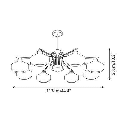 Béatrice Retro Chandelier, Glass Shades with Wood and Metal Frame