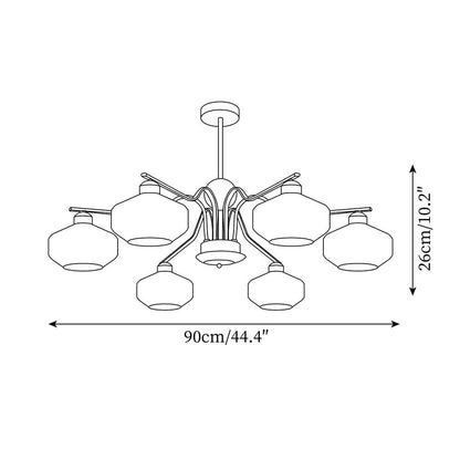 Béatrice Retro Chandelier, Glass Shades with Wood and Metal Frame