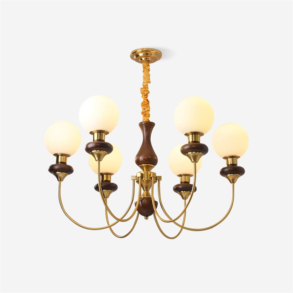 Colette Retro Chandelier, Glass Shades with Wooden and Metal Frame