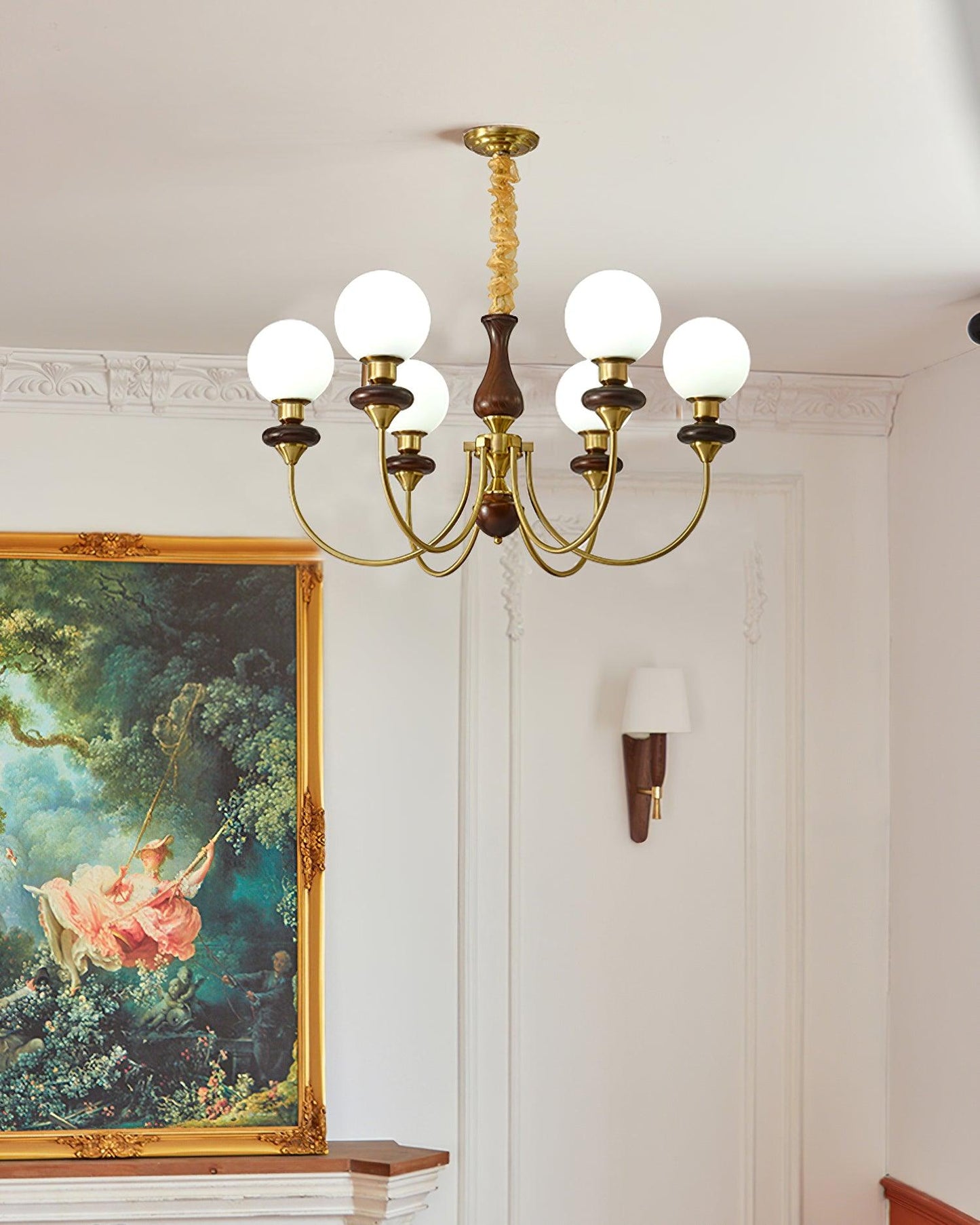 Colette Retro Chandelier, Glass Shades with Wooden and Metal Frame
