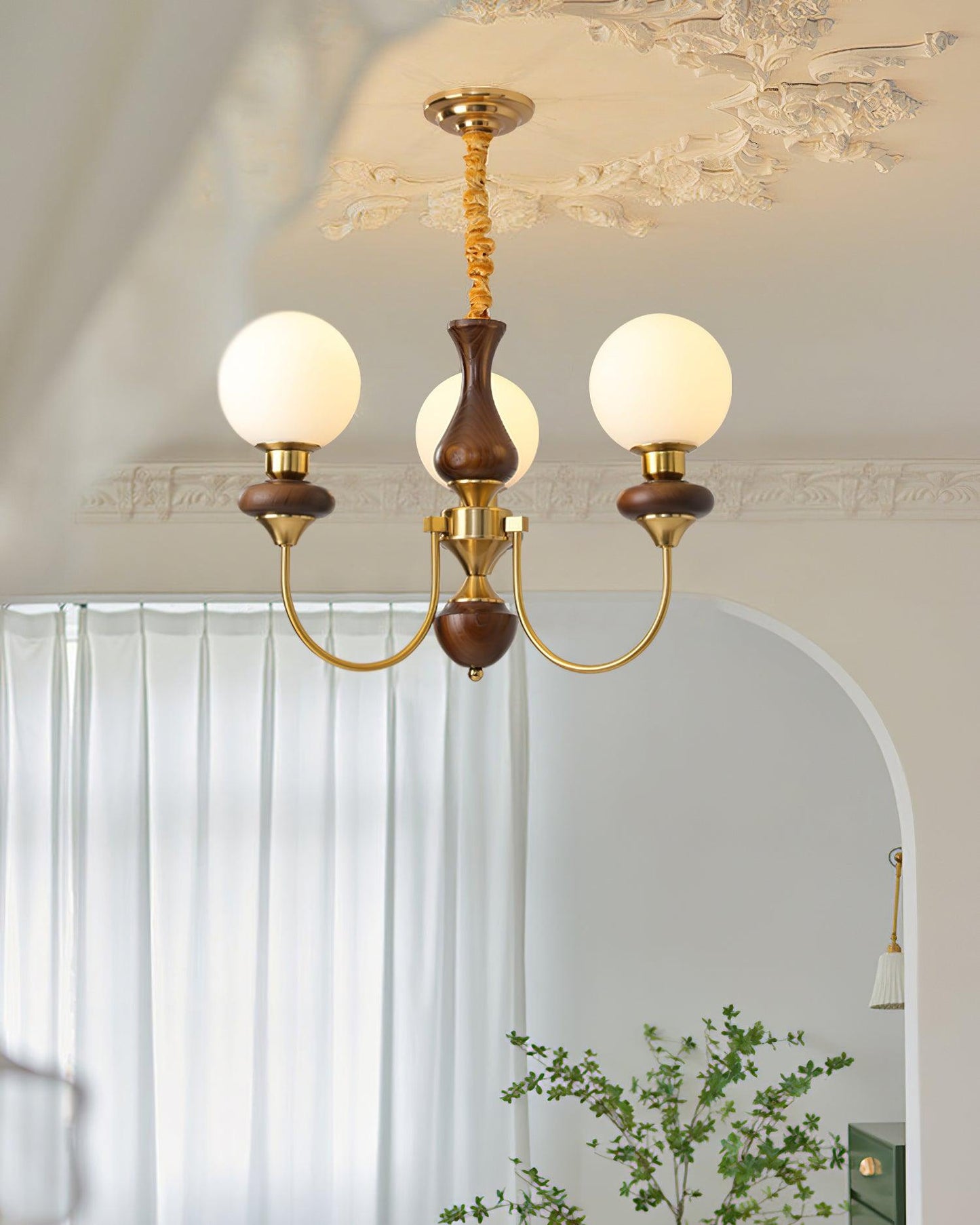 Colette Retro Chandelier, Glass Shades with Wooden and Metal Frame