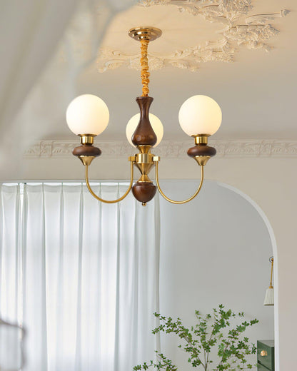 Colette Retro Chandelier, Glass Shades with Wooden and Metal Frame
