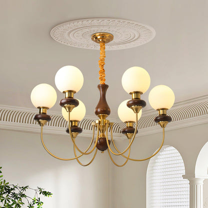 Colette Retro Chandelier, Glass Shades with Wooden and Metal Frame