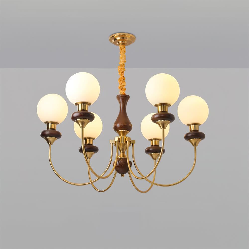 Colette Retro Chandelier, Glass Shades with Wooden and Metal Frame