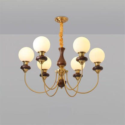 Colette Retro Chandelier, Glass Shades with Wooden and Metal Frame