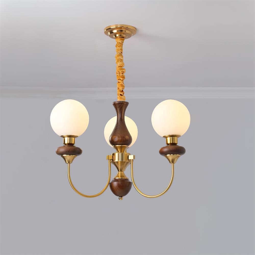 Colette Retro Chandelier, Glass Shades with Wooden and Metal Frame