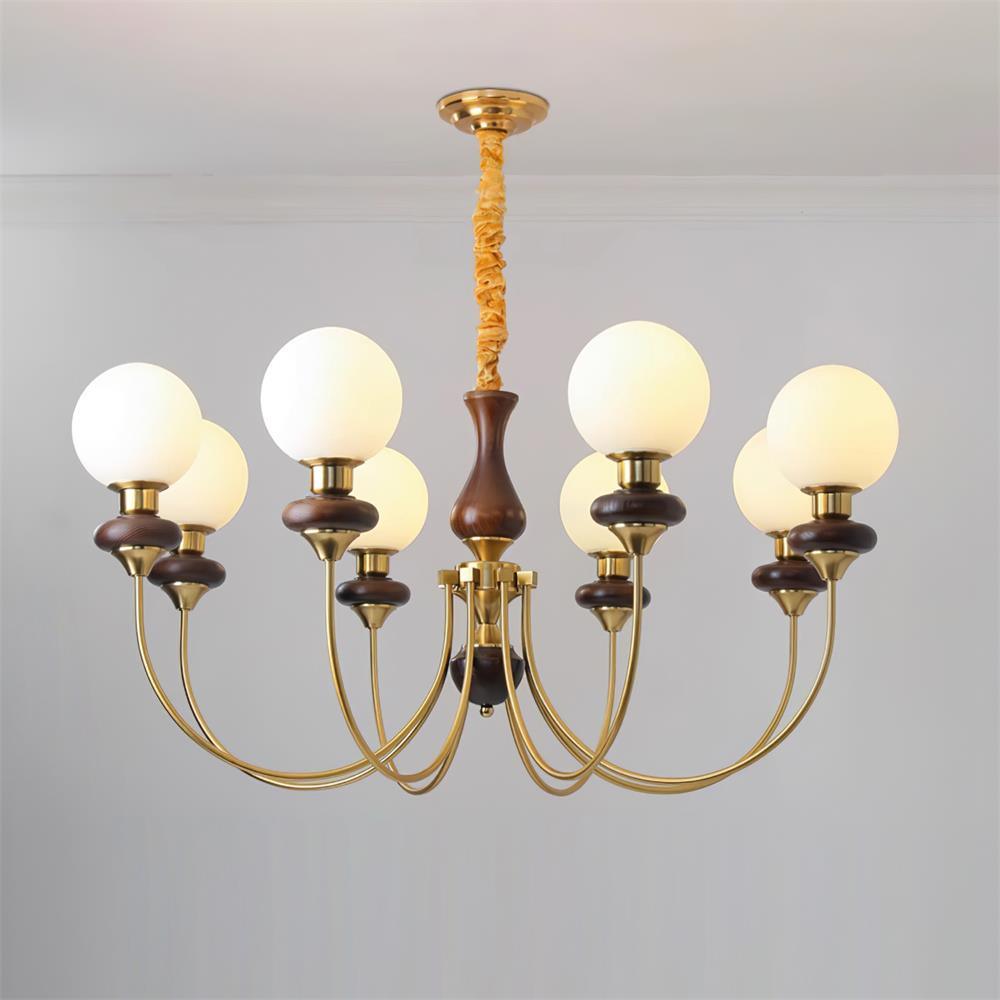 Colette Retro Chandelier, Glass Shades with Wooden and Metal Frame