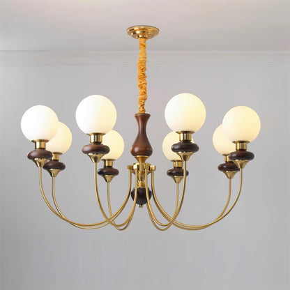 Colette Retro Chandelier, Glass Shades with Wooden and Metal Frame