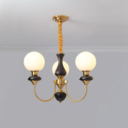 Colette Retro Chandelier, Glass Shades with Wooden and Metal Frame