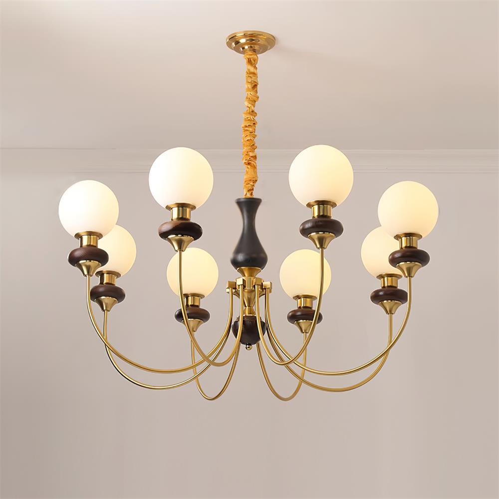 Colette Retro Chandelier, Glass Shades with Wooden and Metal Frame