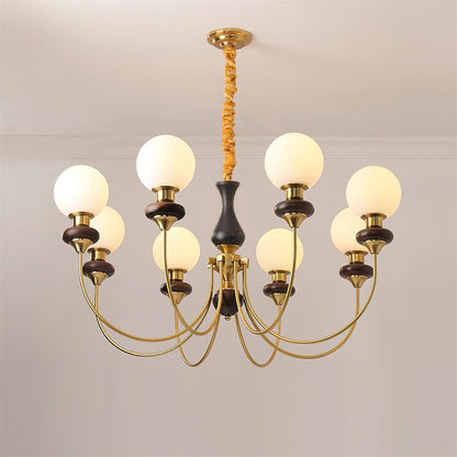 Colette Retro Chandelier, Glass Shades with Wooden and Metal Frame