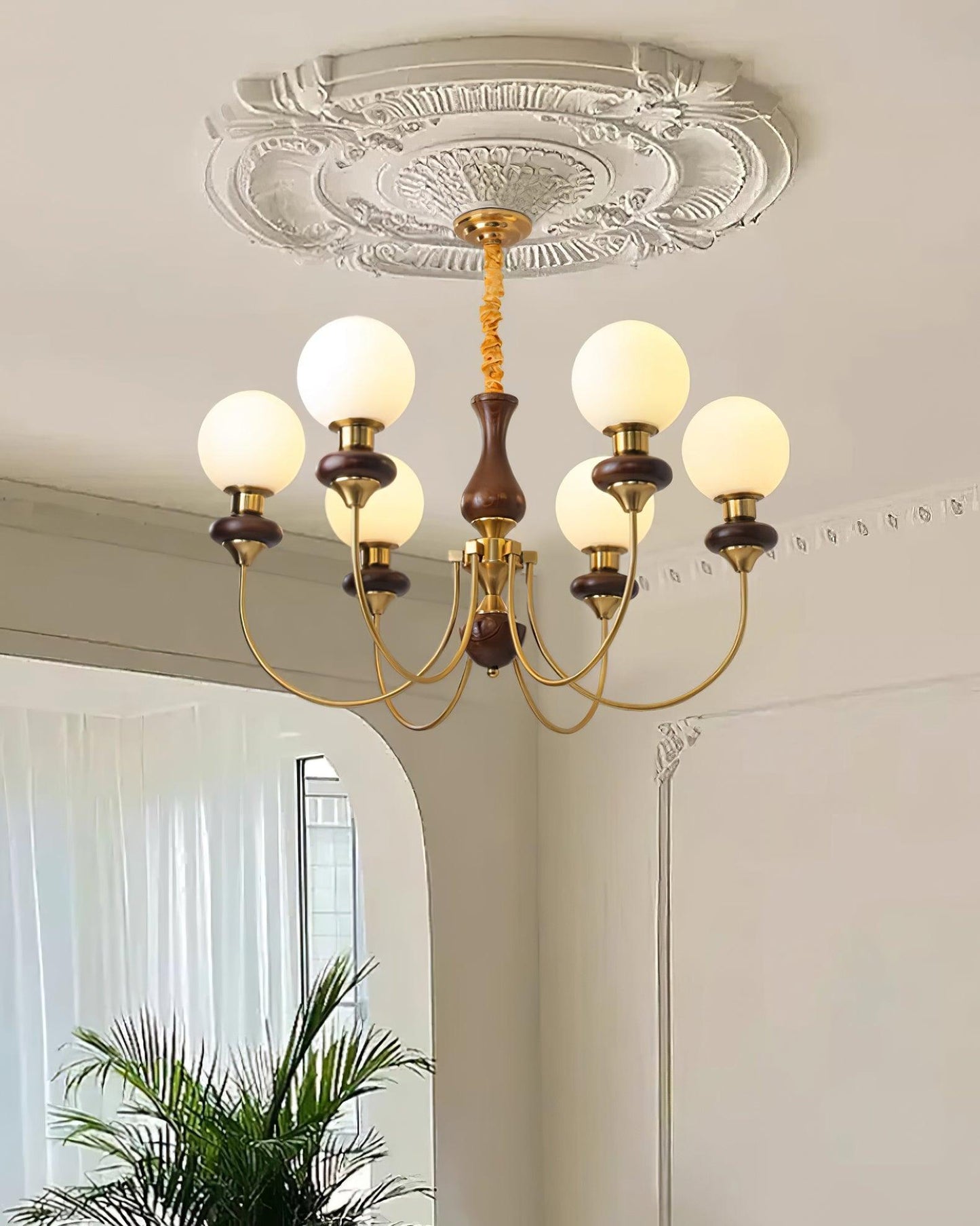 Colette Retro Chandelier, Glass Shades with Wooden and Metal Frame