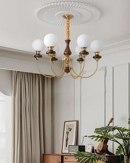 Colette Retro Chandelier, Glass Shades with Wooden and Metal Frame