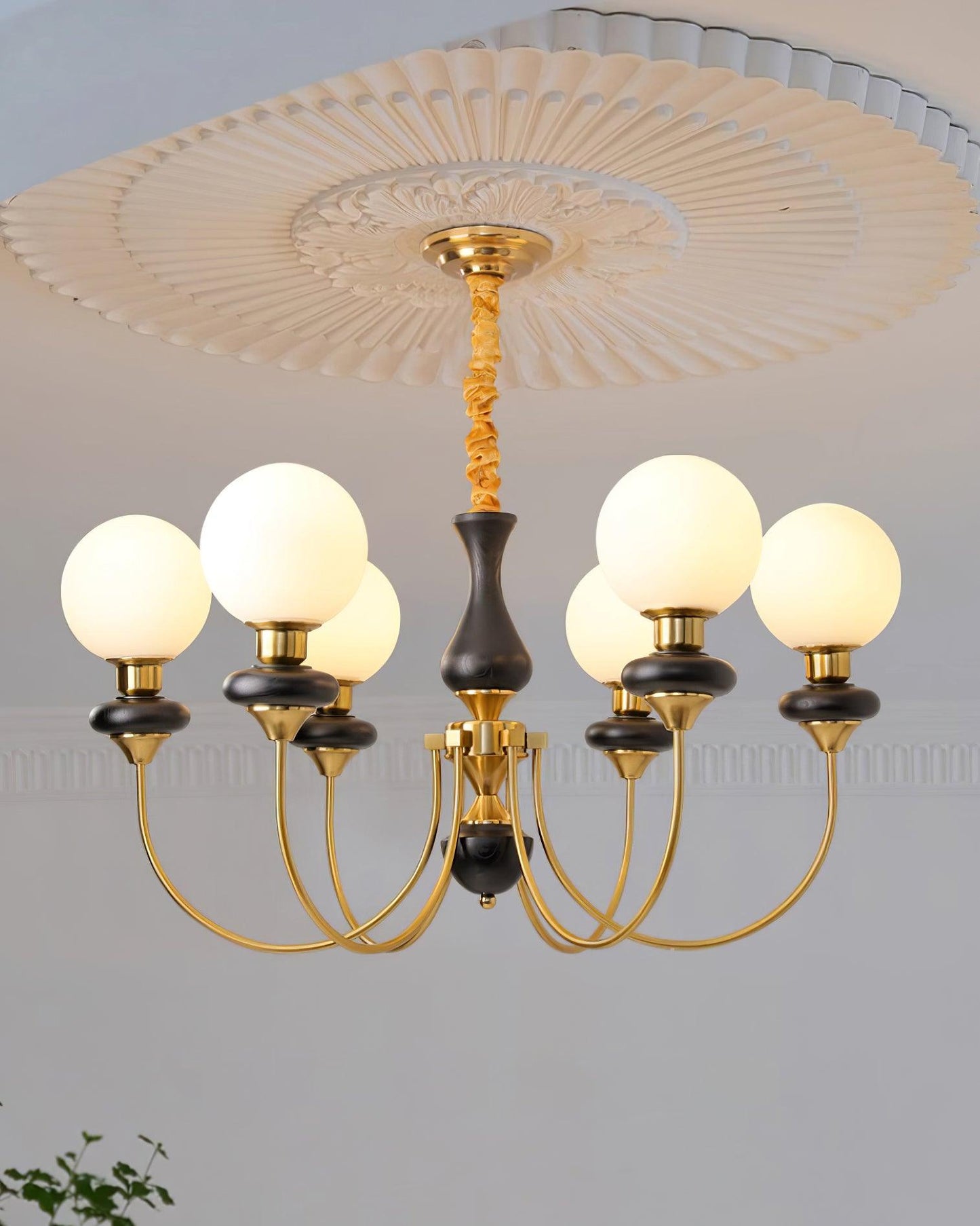 Colette Retro Chandelier, Glass Shades with Wooden and Metal Frame