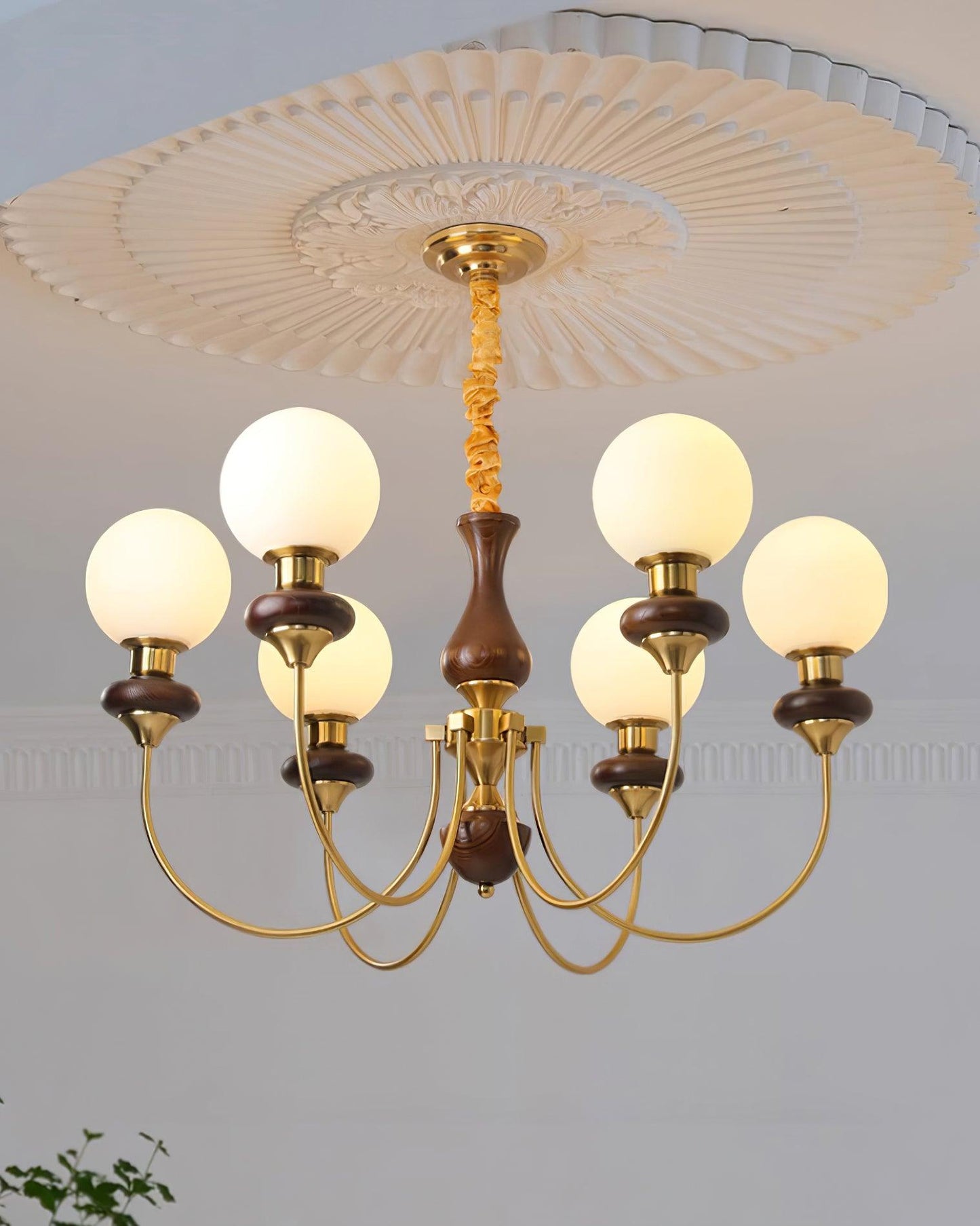 Colette Retro Chandelier, Glass Shades with Wooden and Metal Frame