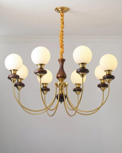 Colette Retro Chandelier, Glass Shades with Wooden and Metal Frame