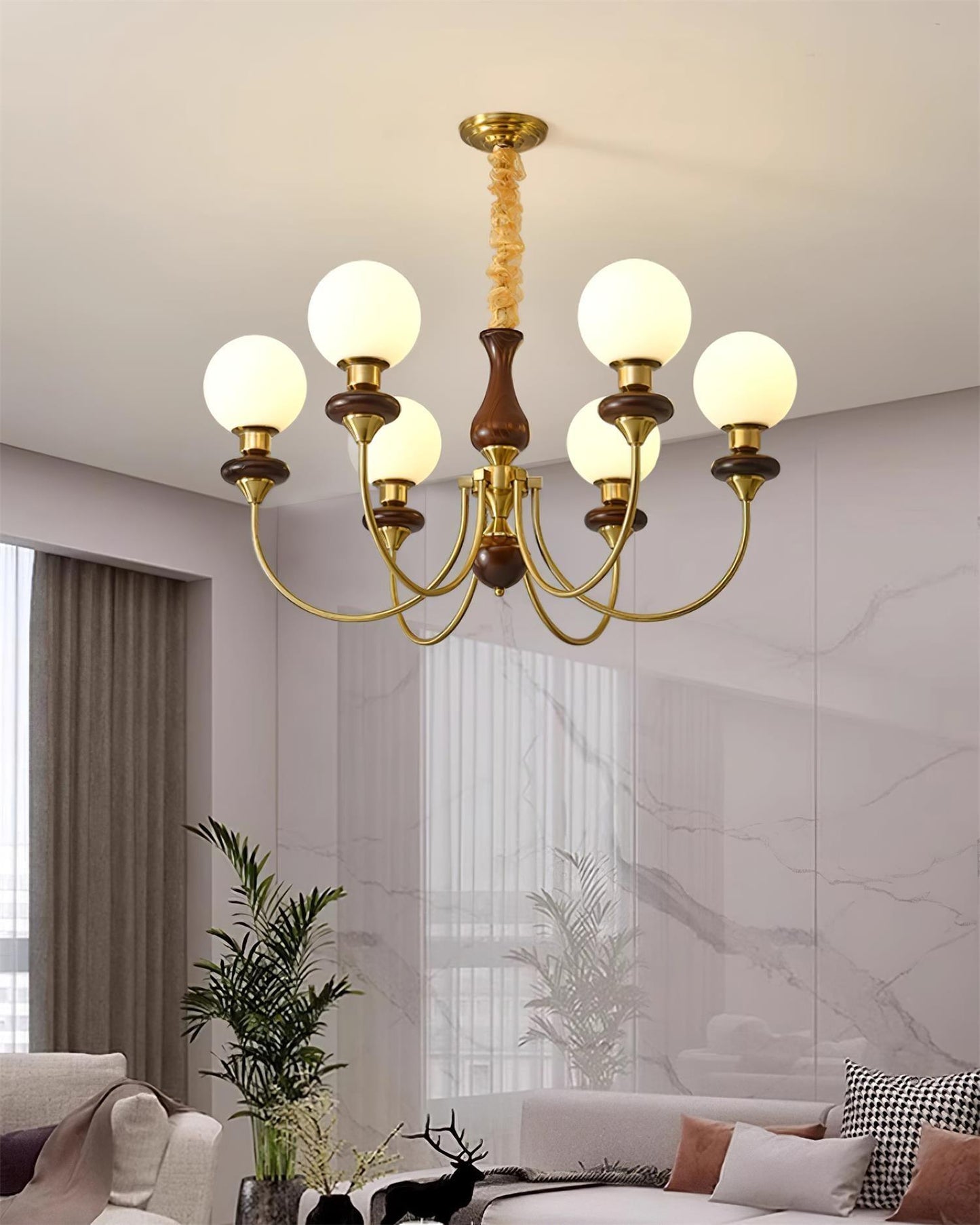 Colette Retro Chandelier, Glass Shades with Wooden and Metal Frame