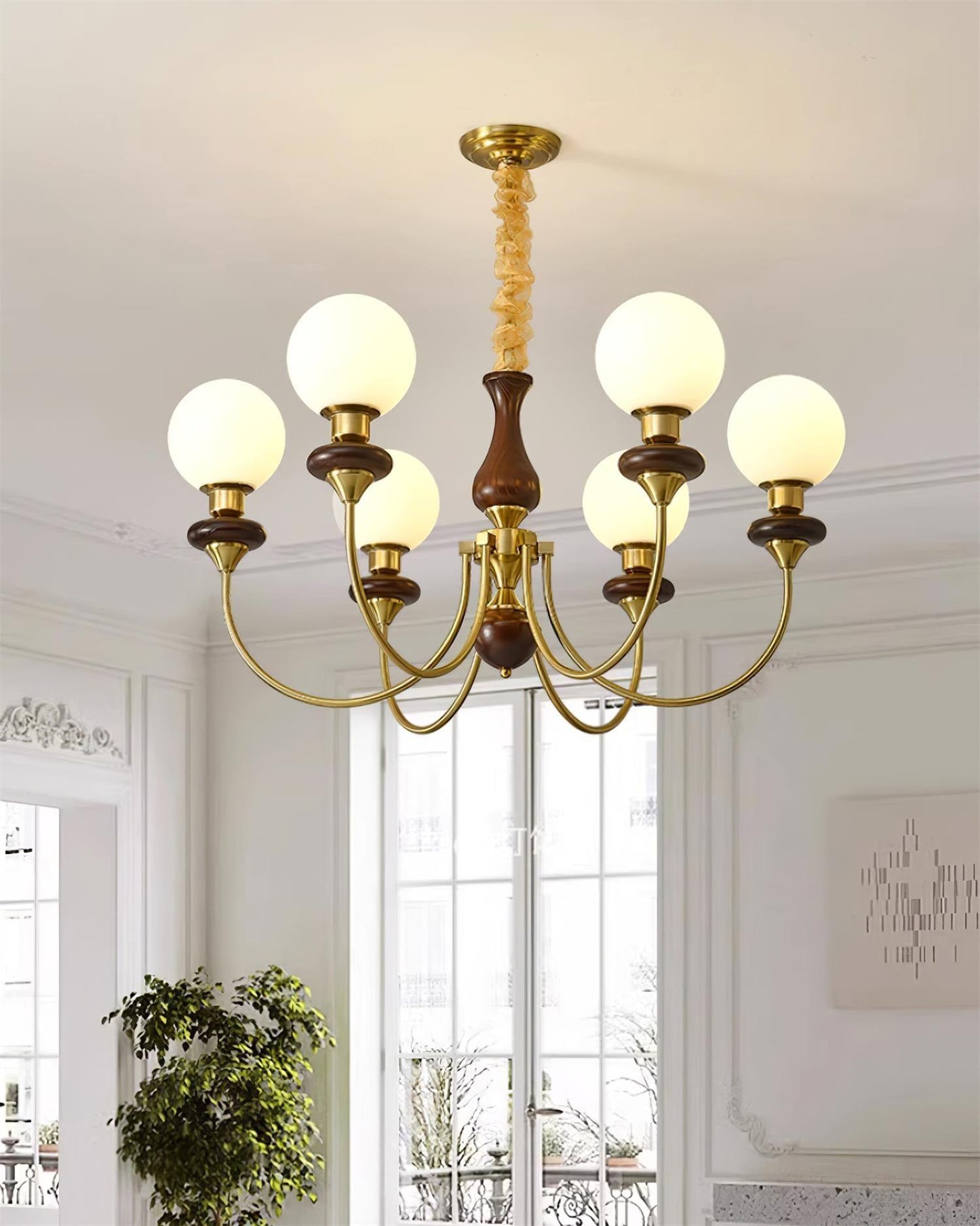 Colette Retro Chandelier, Glass Shades with Wooden and Metal Frame