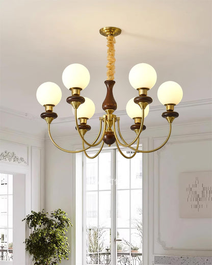 Colette Retro Chandelier, Glass Shades with Wooden and Metal Frame