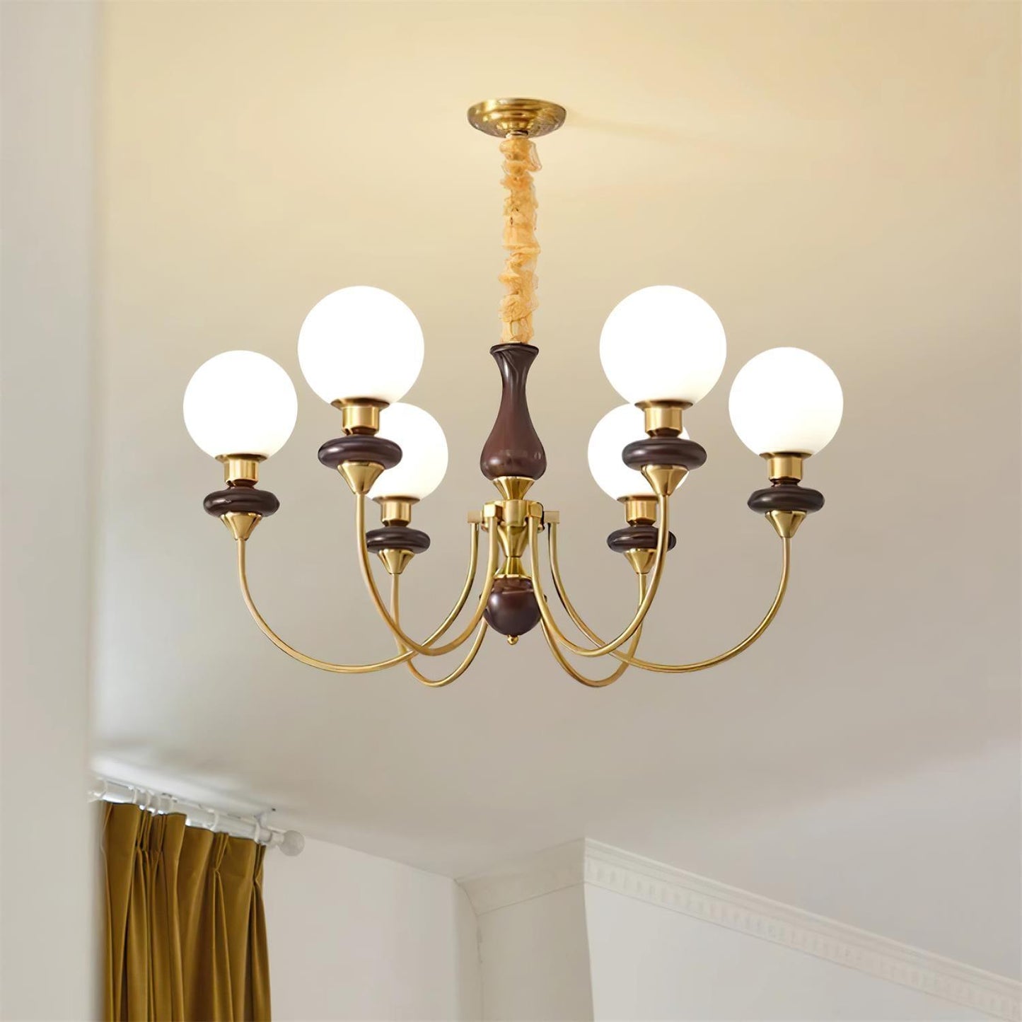 Colette Retro Chandelier, Glass Shades with Wooden and Metal Frame