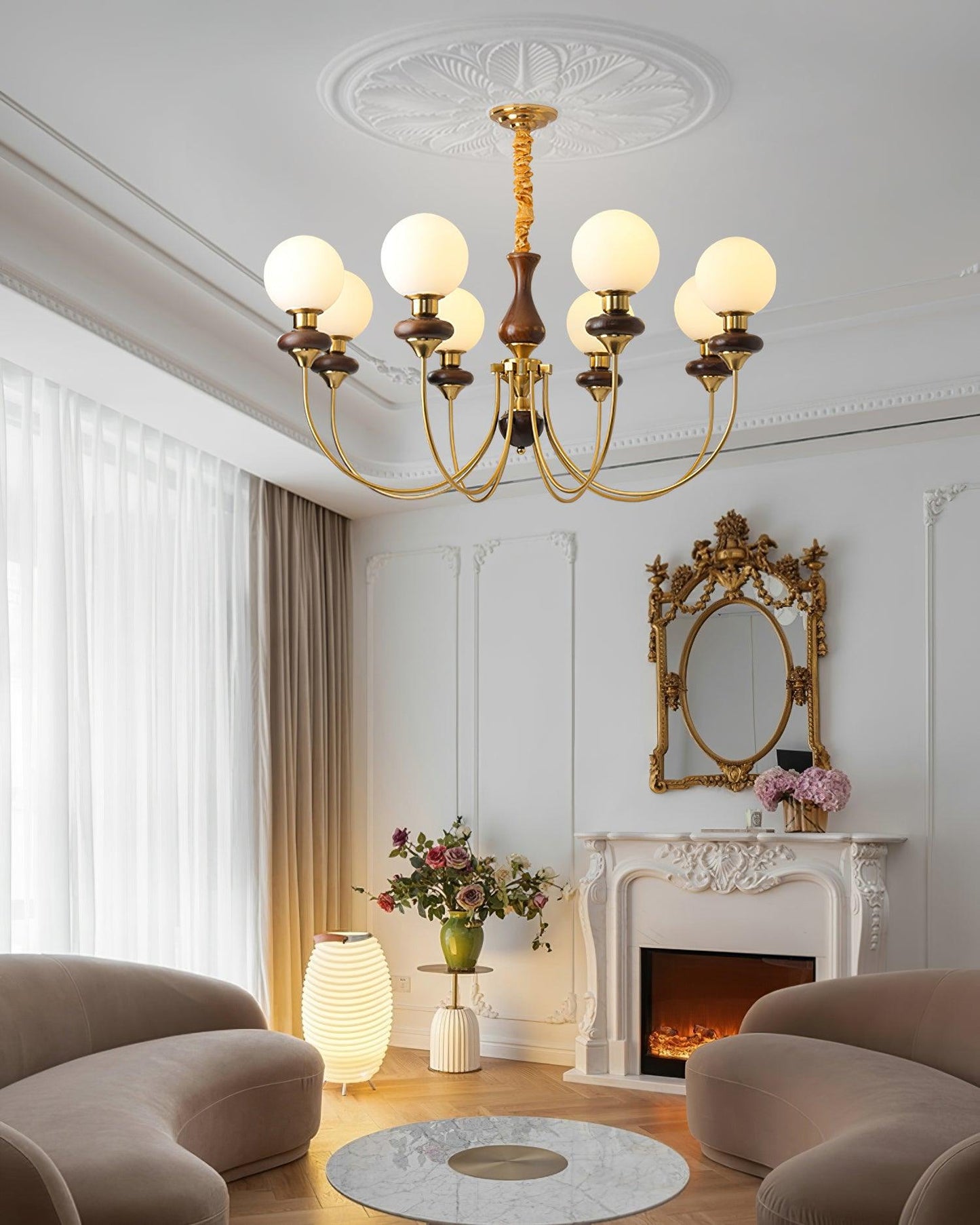 Colette Retro Chandelier, Glass Shades with Wooden and Metal Frame