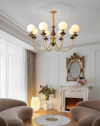 Colette Retro Chandelier, Glass Shades with Wooden and Metal Frame