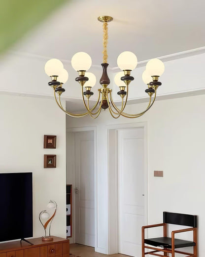 Colette Retro Chandelier, Glass Shades with Wooden and Metal Frame