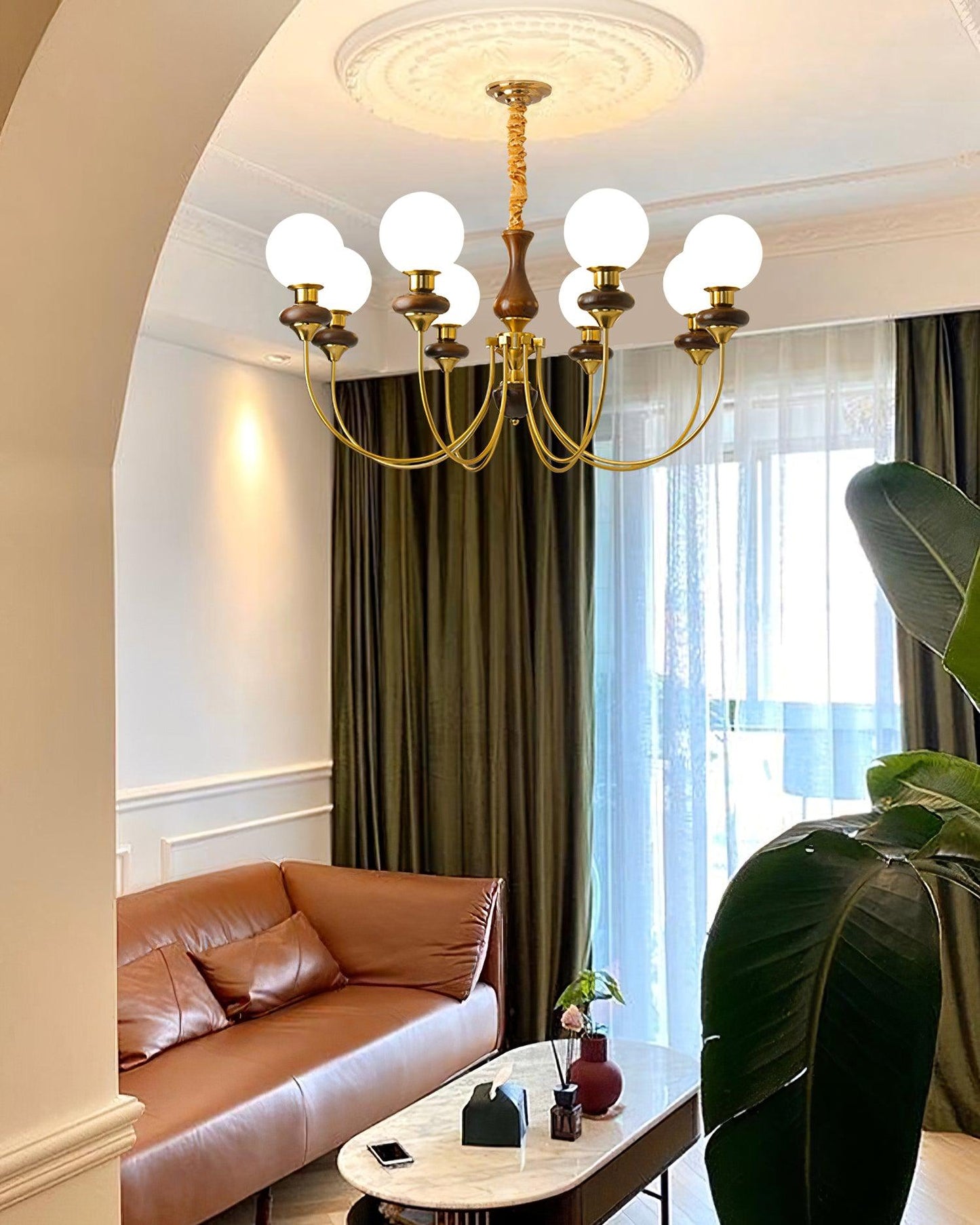 Colette Retro Chandelier, Glass Shades with Wooden and Metal Frame