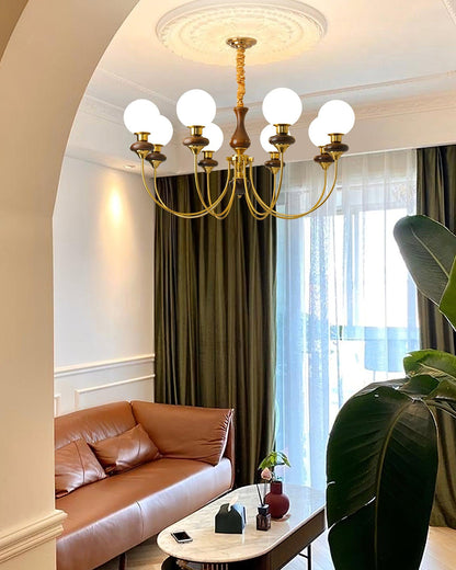 Colette Retro Chandelier, Glass Shades with Wooden and Metal Frame