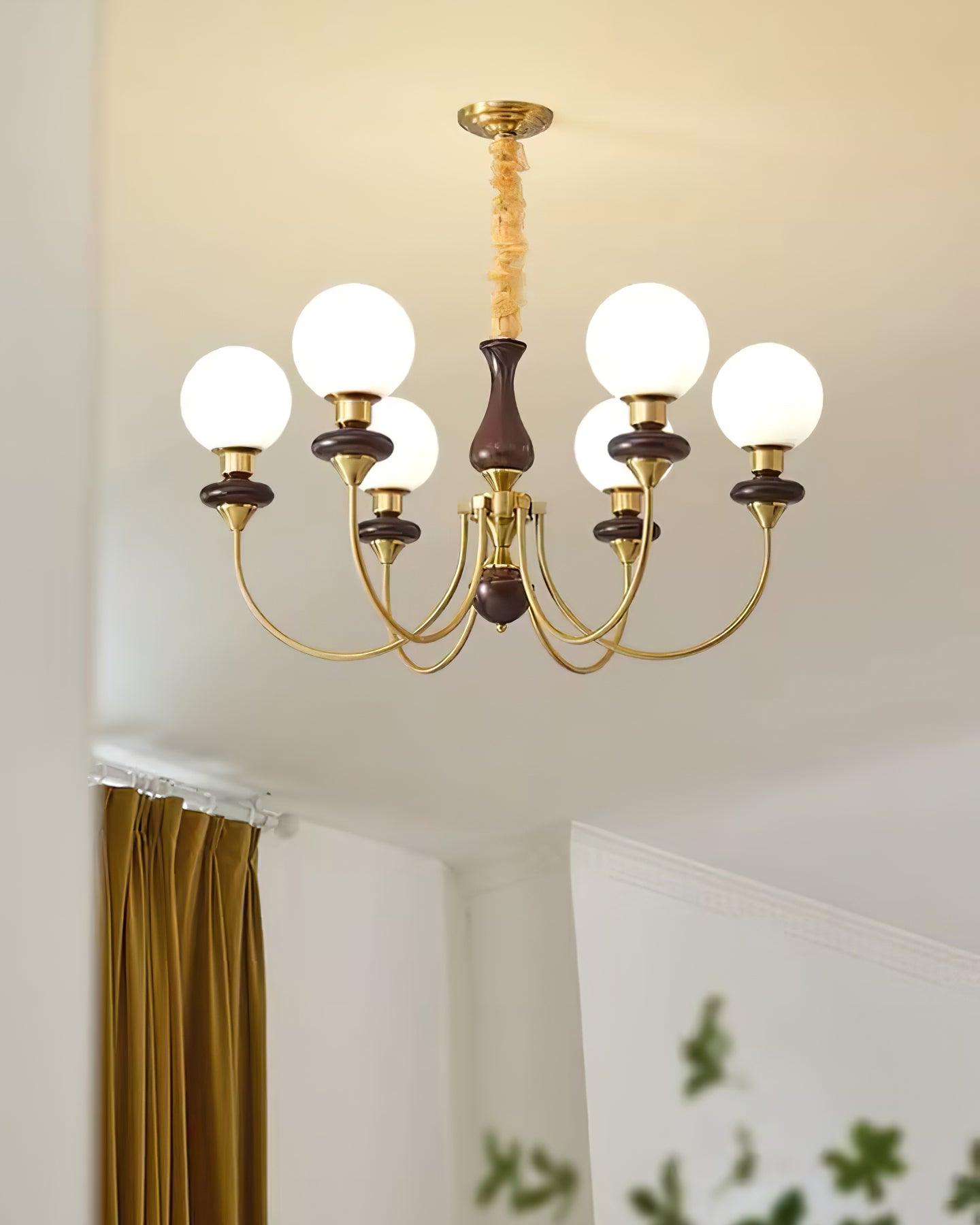 Colette Retro Chandelier, Glass Shades with Wooden and Metal Frame