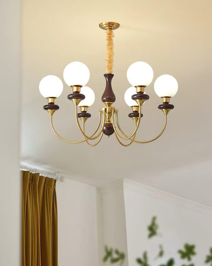 Colette Retro Chandelier, Glass Shades with Wooden and Metal Frame