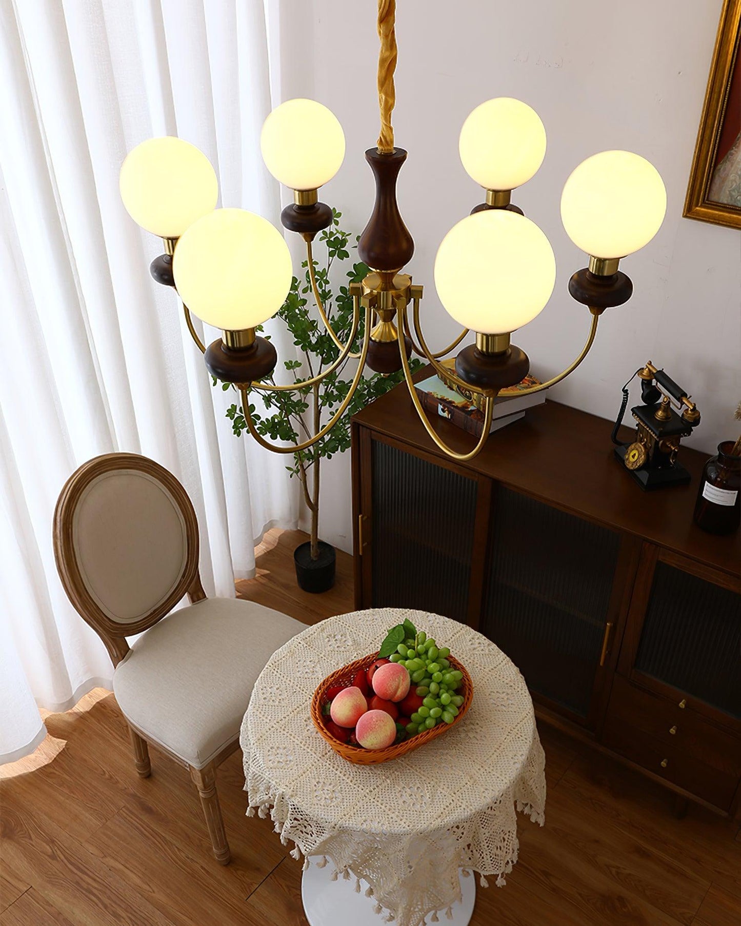Colette Retro Chandelier, Glass Shades with Wooden and Metal Frame