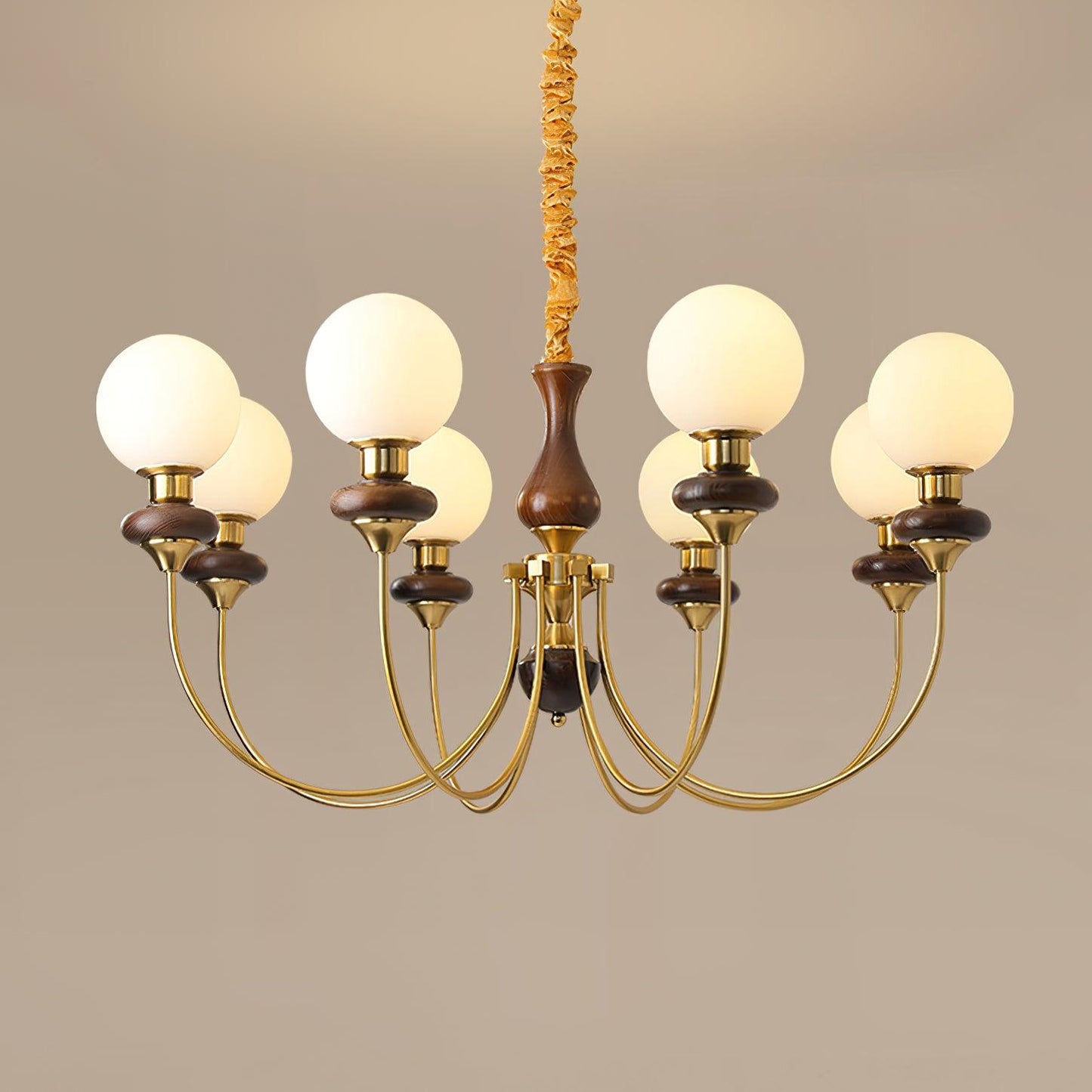 Colette Retro Chandelier, Glass Shades with Wooden and Metal Frame