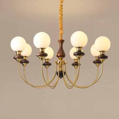 Colette Retro Chandelier, Glass Shades with Wooden and Metal Frame