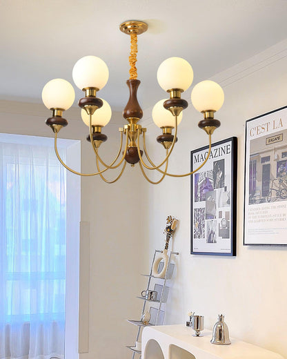 Colette Retro Chandelier, Glass Shades with Wooden and Metal Frame