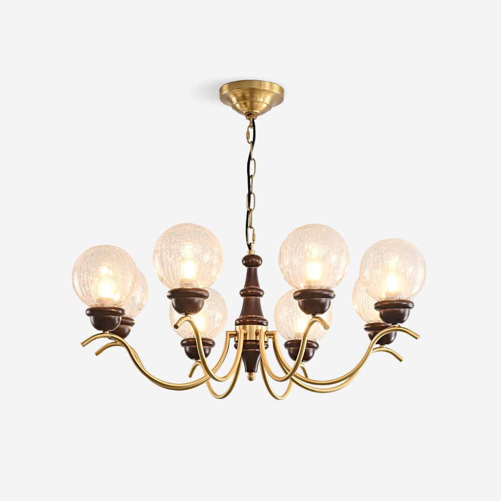 Delphine Retro Chandelier, Curved Brass Arms with Glass Globes