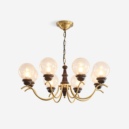 Delphine Retro Chandelier, Curved Brass Arms with Glass Globes