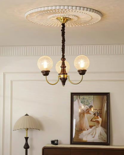 Delphine Retro Chandelier, Curved Brass Arms with Glass Globes