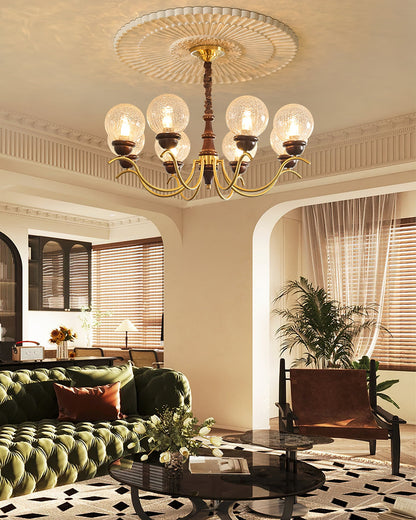 Delphine Retro Chandelier, Curved Brass Arms with Glass Globes
