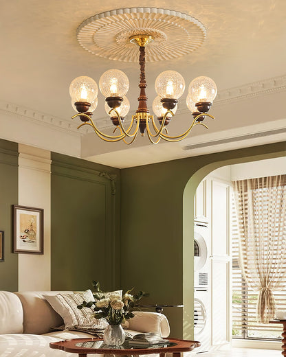 Delphine Retro Chandelier, Curved Brass Arms with Glass Globes