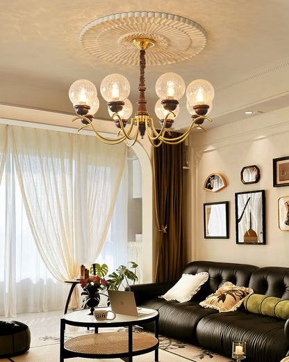 Delphine Retro Chandelier, Curved Brass Arms with Glass Globes