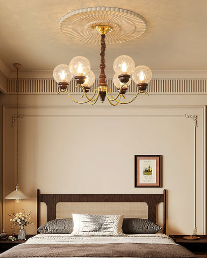 Delphine Retro Chandelier, Curved Brass Arms with Glass Globes