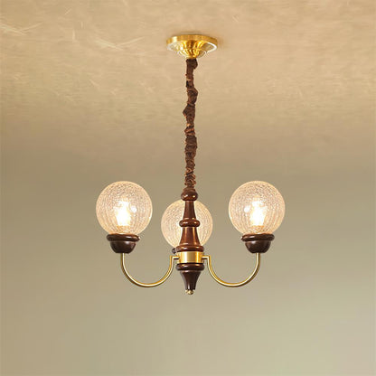 Delphine Retro Chandelier, Curved Brass Arms with Glass Globes