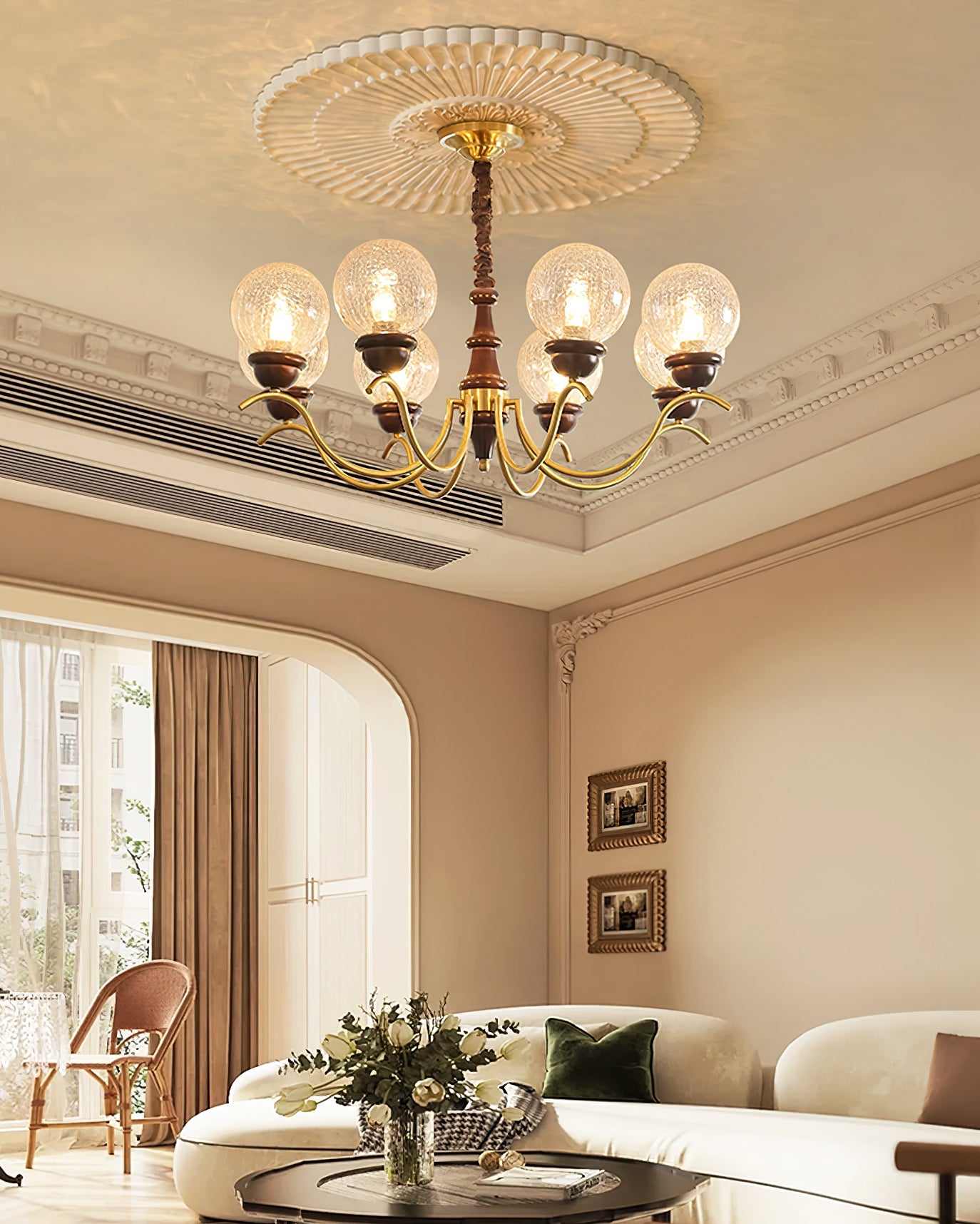 Delphine Retro Chandelier, Curved Brass Arms with Glass Globes
