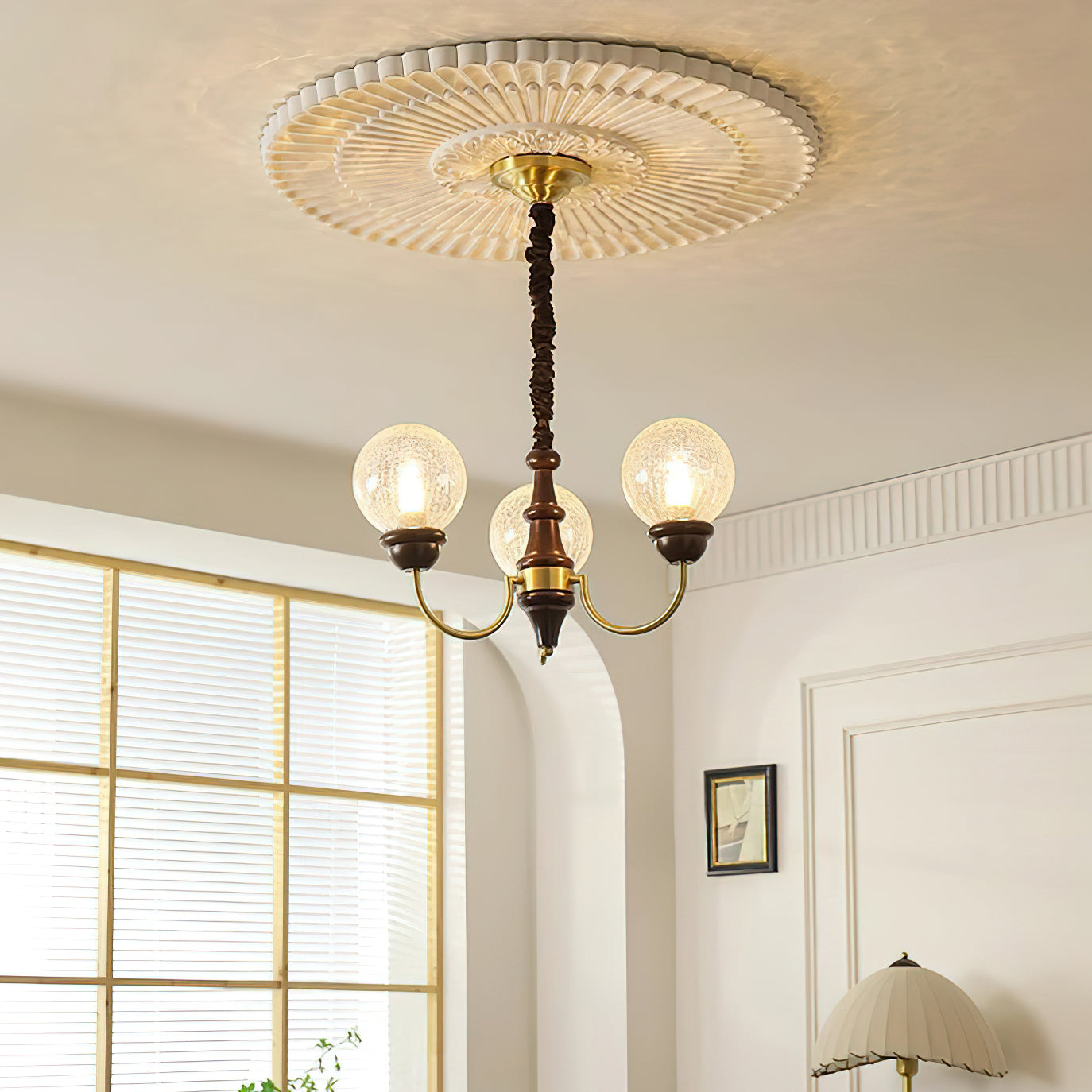 Delphine Retro Chandelier, Curved Brass Arms with Glass Globes
