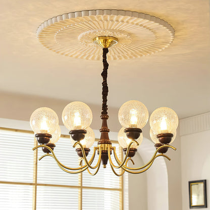 Delphine Retro Chandelier, Curved Brass Arms with Glass Globes