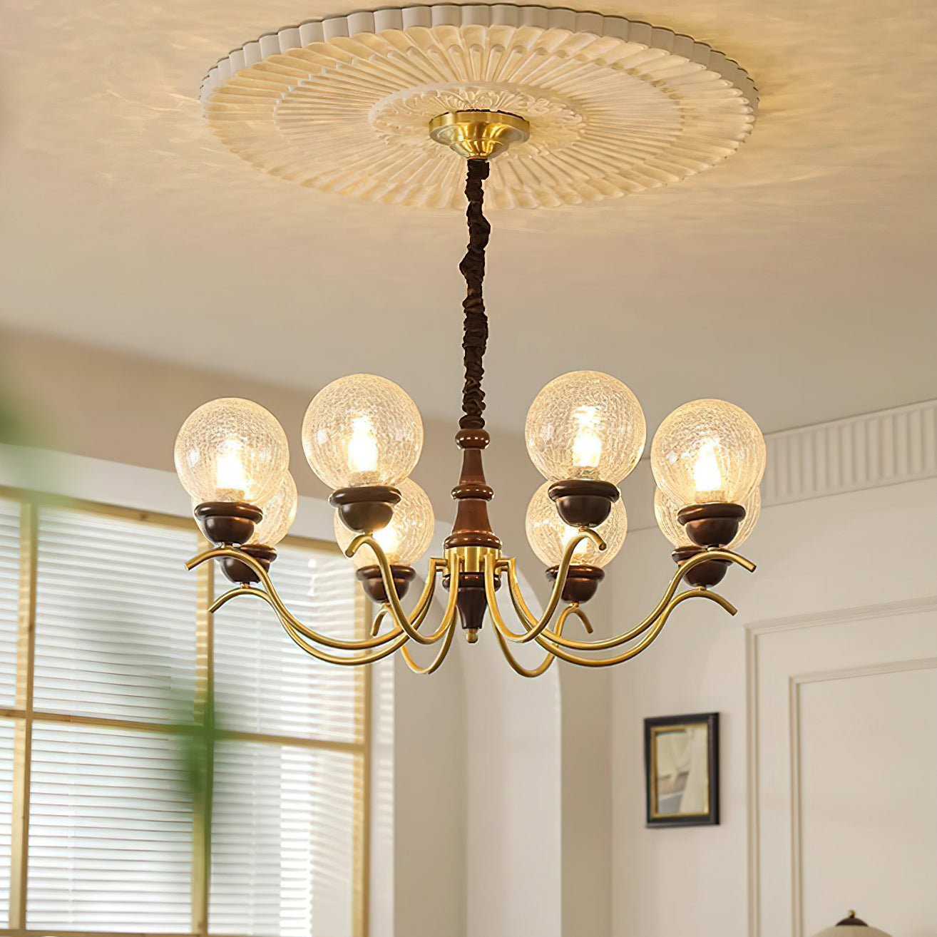 Delphine Retro Chandelier, Curved Brass Arms with Glass Globes